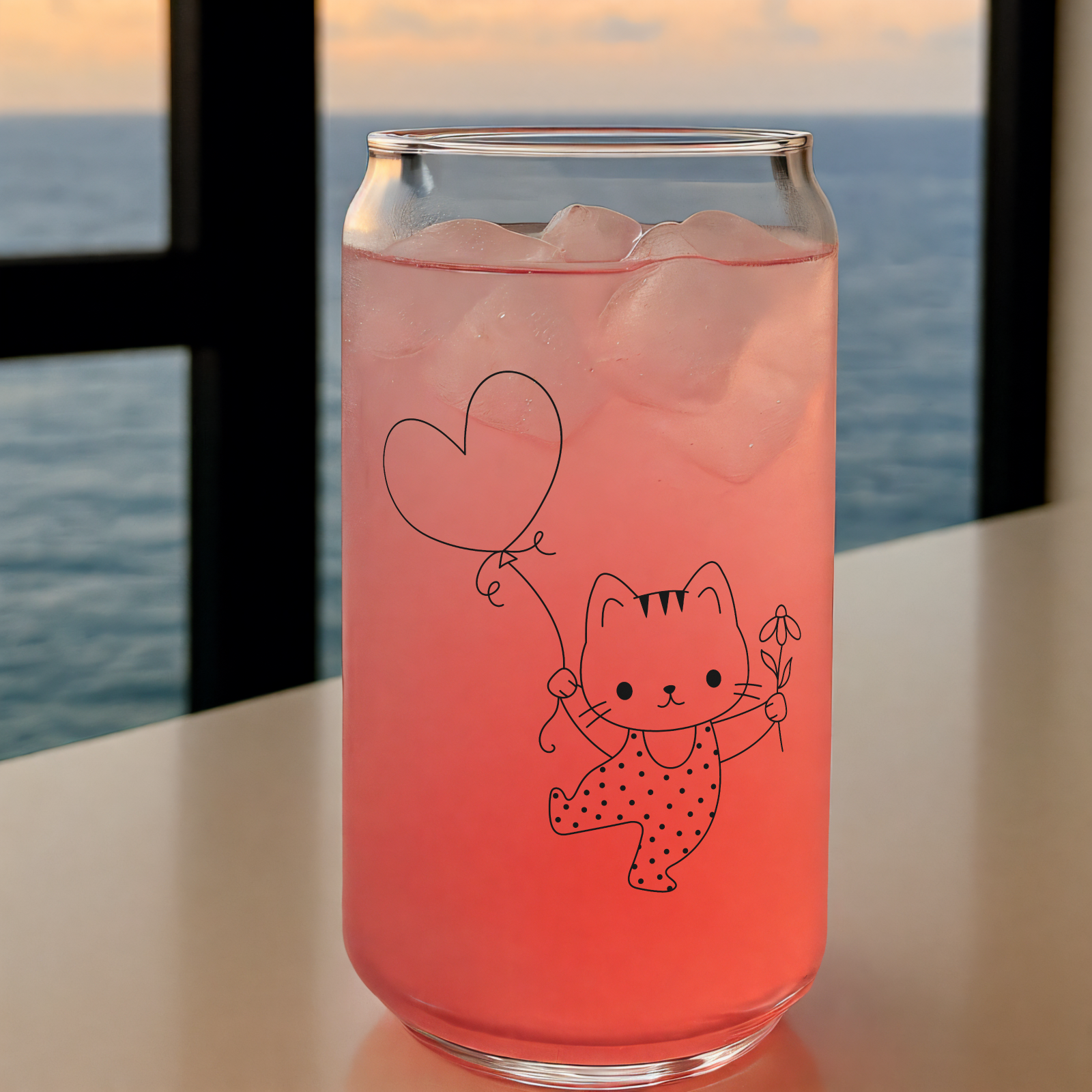 Dancing Kitten Can Glass with Heart Balloon - Whimsical Hand Drawn Design