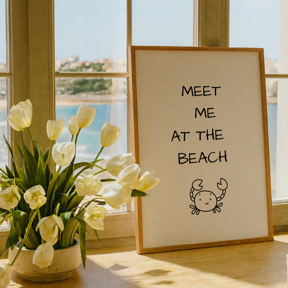 "Meet Me At The Beach" Cute Crab Oak Framed Art