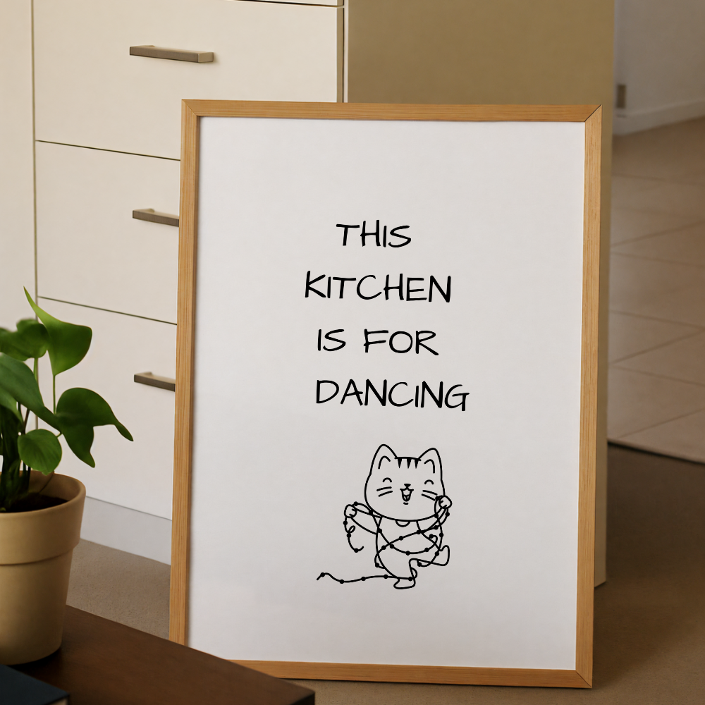 Dancing Cat Kitchen Wall Art - Whimsical Hand Drawn Oak Framed Print