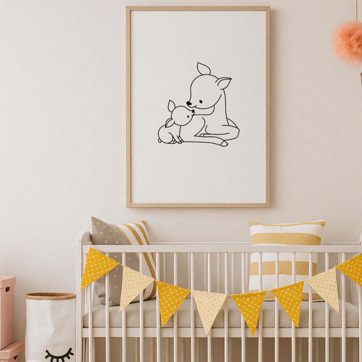 Mother & Fawn – Minimalist Deer Love in Oak Frame