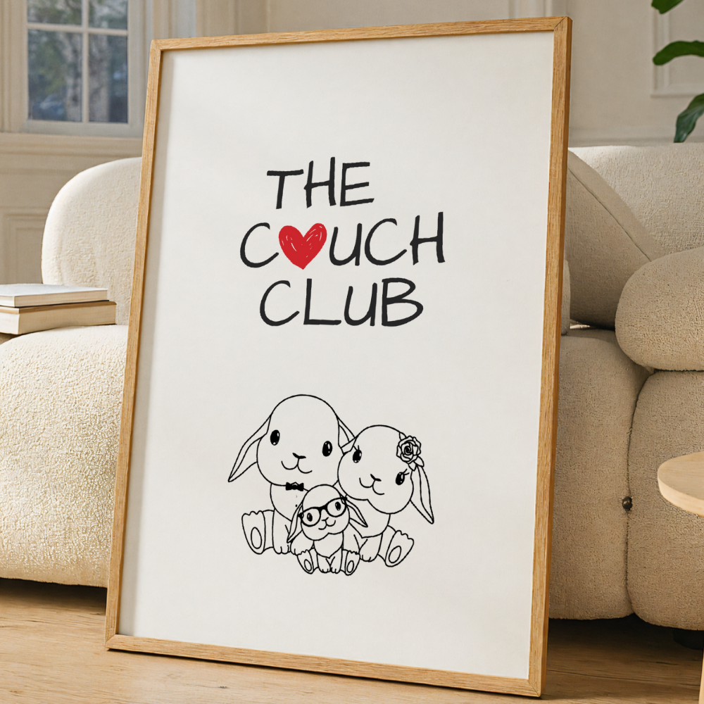 The Couch Club – Cozy Bunny Family Oak Frame Art