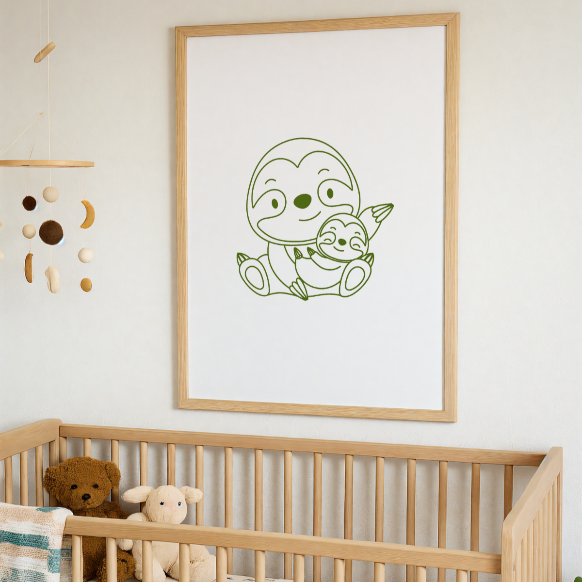 Sweet Sloth Family Art in Oak Frame - Green Line Drawing