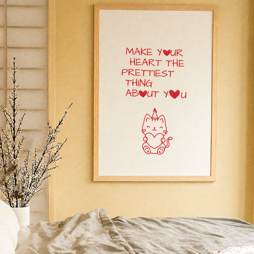 Hand-Drawn Kitten Heart Art in Premium Oak Frame