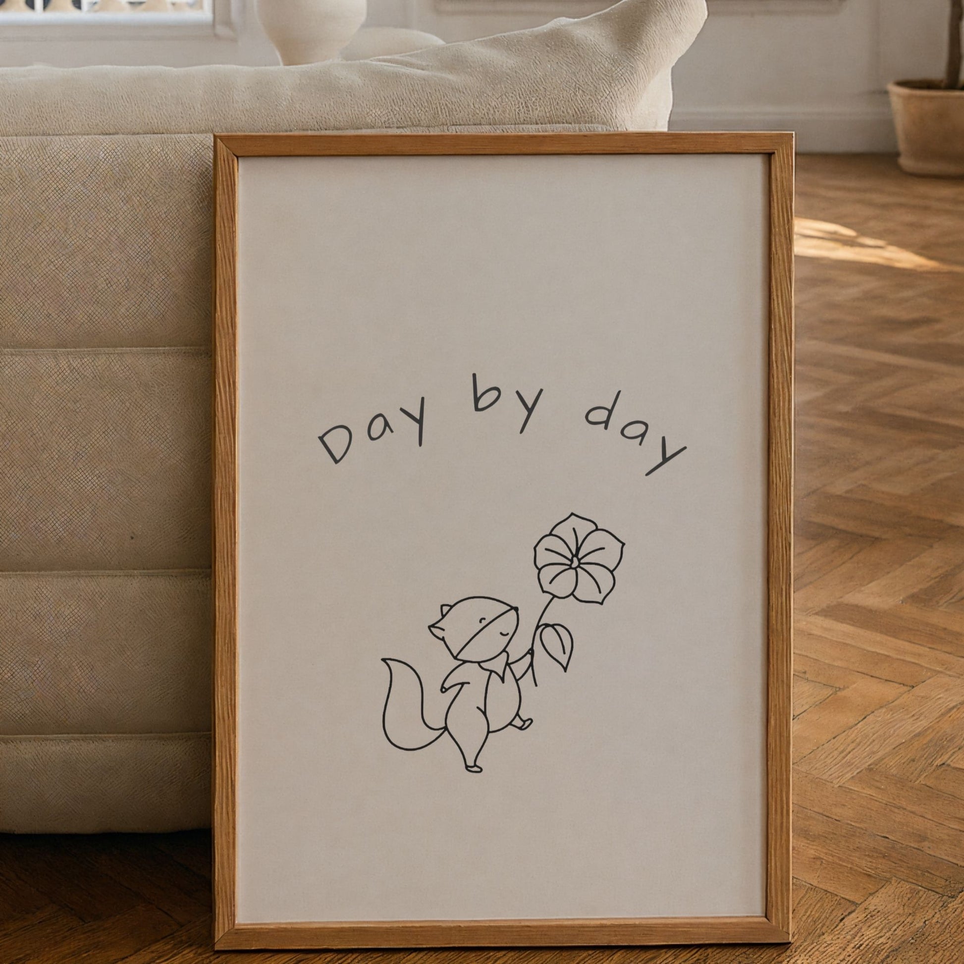 Hand-Drawn Fox and Flower Art - Whimsical Woodland Nursery in Oak Frame