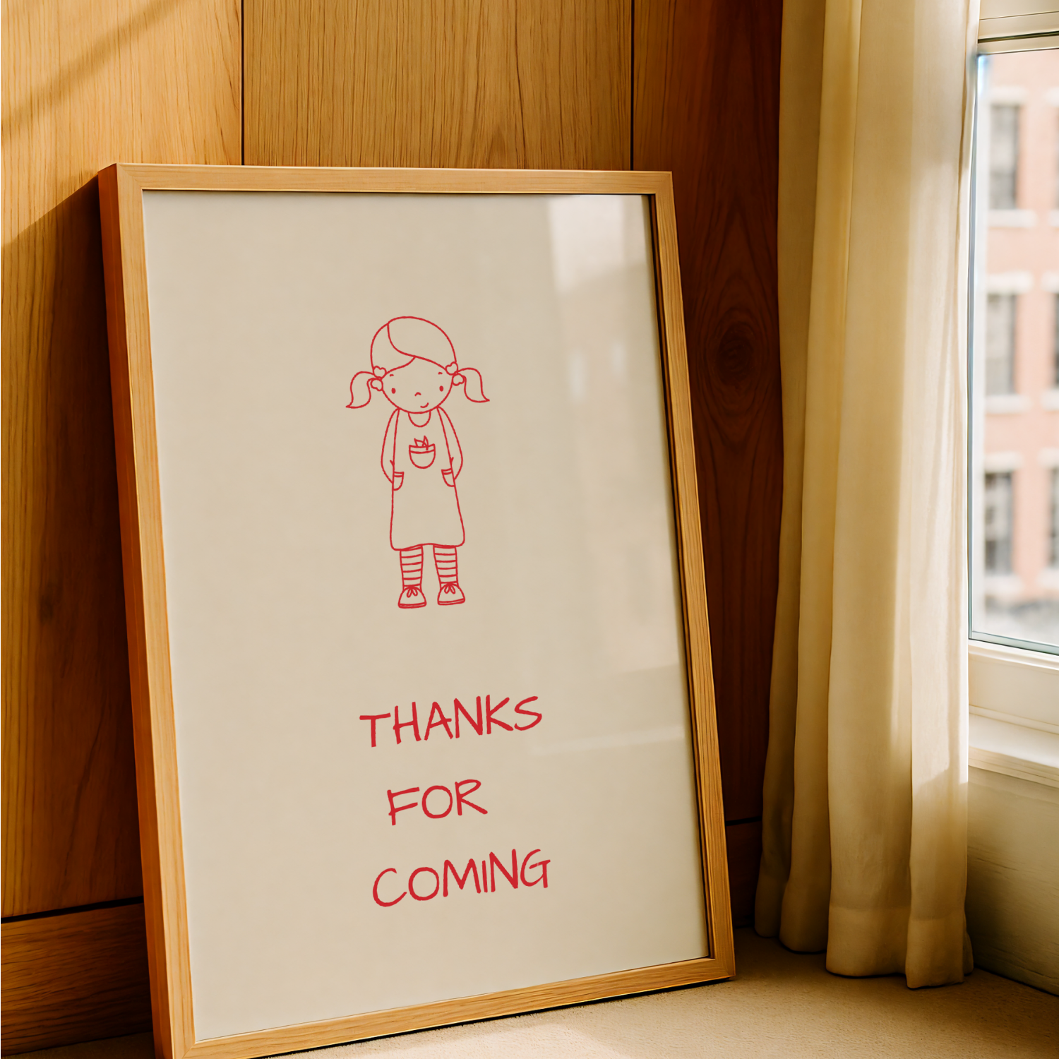 "Thanks for Coming" Red Line Art Girl – Oak Framed Poster